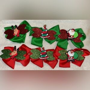 6 BOWS-Festive Christmas Tree, Rudolph and Santa Hair Bows - Red and Green